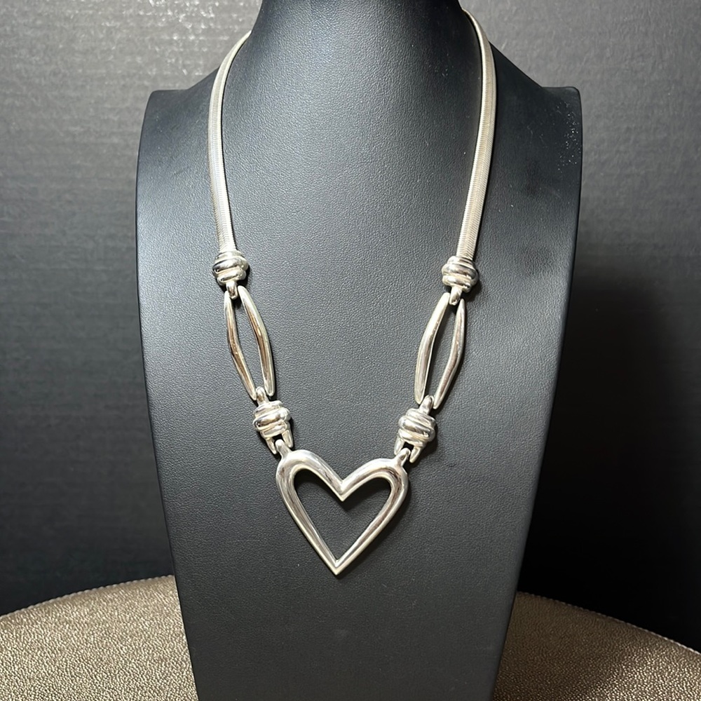 Open Heart Silver Tone Necklace Fluid Herringbone Chain